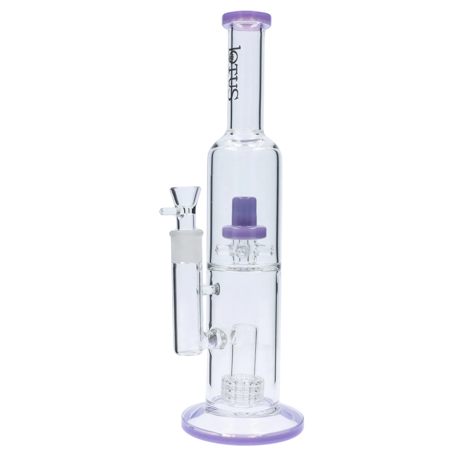Front-facing view of the DHC Dual Perc with Color Accents Bong - 15 in. showing clear glass chambers and lavender color accents on the mouthpiece, percolator, and base.