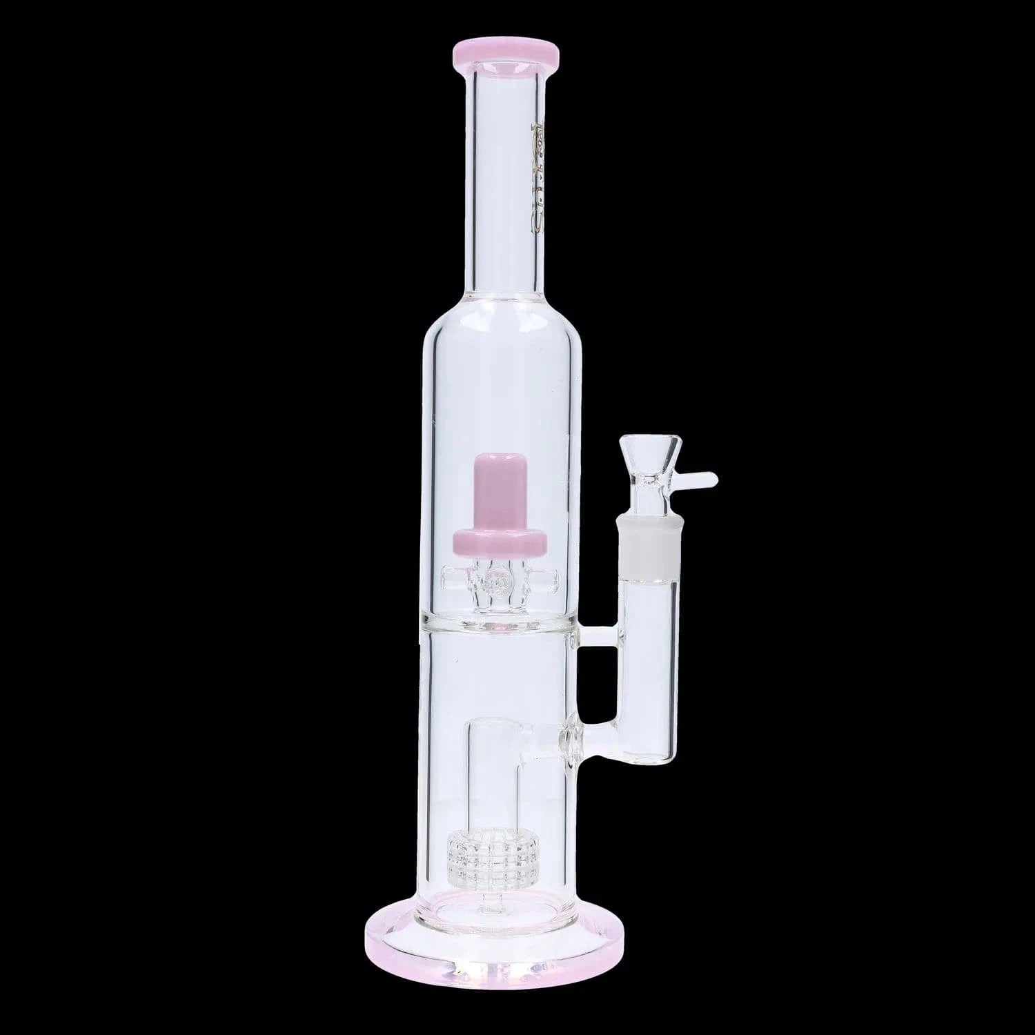 Close-up front view of the DHC Dual Perc with Color Accents Bong - 15 in., showing clear glass with pink rim and internal percolators.