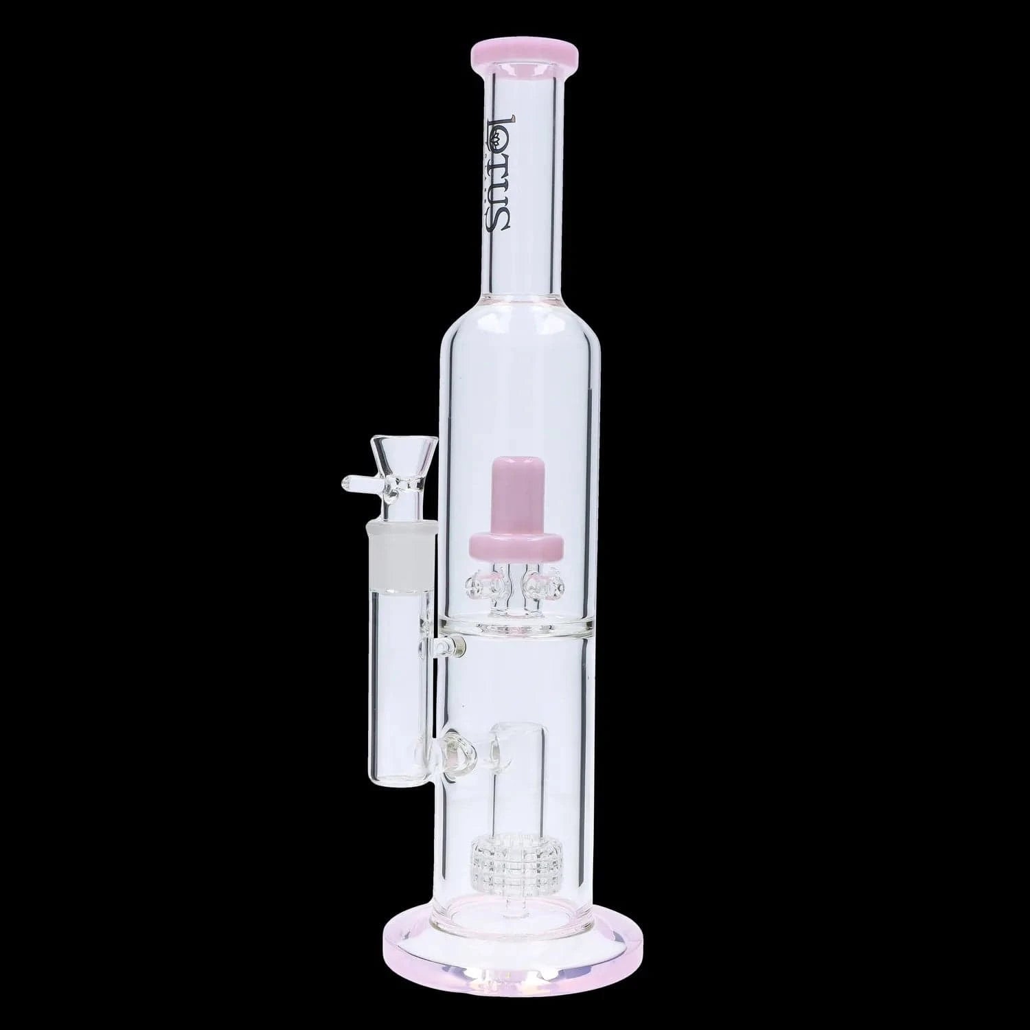 Straight-on view of the DHC Dual Perc with Color Accents Bong - 15 in., showing its clear glass tube with pink rim accents and internal dual percolators against a black background