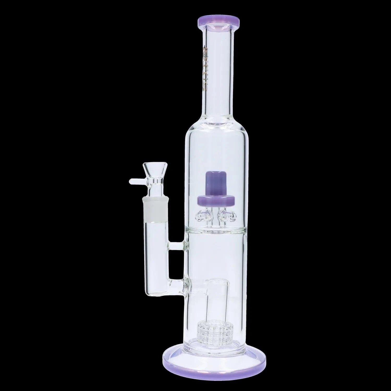 Close-up front view of the DHC Dual Perc with Color Accents Bong - 15 in., showing its clear glass body with purple-rimmed mouthpiece and base against a black background
