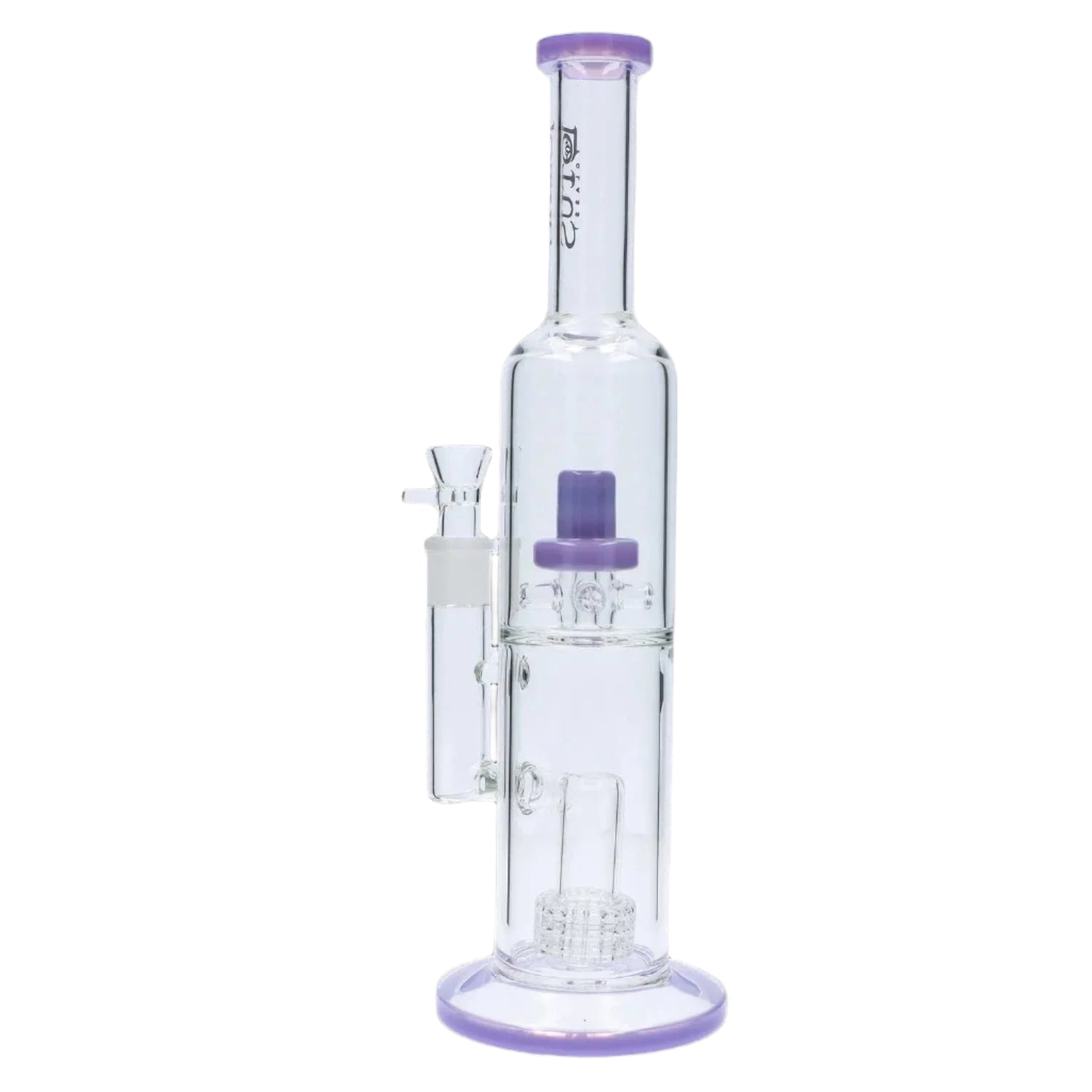 Right-side close-up of the DHC Dual Perc with Color Accents Bong - 15 in., showing its clear glass chamber, purple-accented percolator and base against a white background