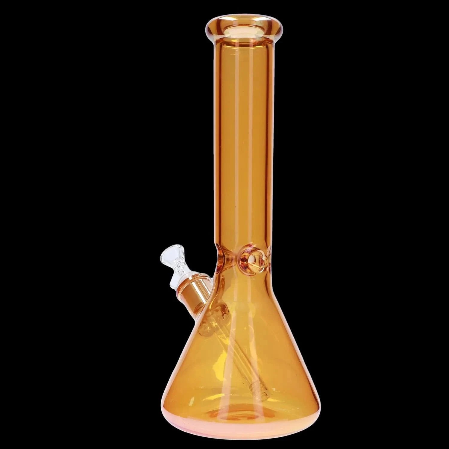 Close-up front view of the amber glass DHC Electroplated Beaker Bong - 16 in. showing its straight neck, angled downstem, and beaker base against a black background