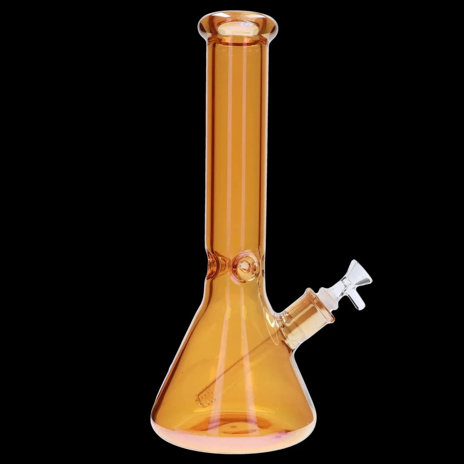 Angled close-up of the amber DHC Electroplated Beaker Bong - 16 in. showing its straight neck, beaker base and side joint against a black background