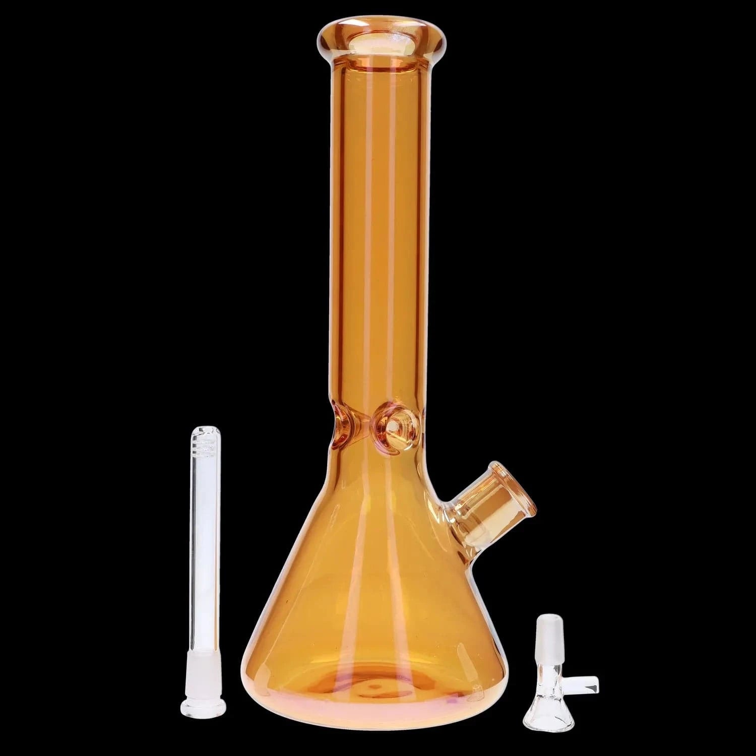 Close-up front view of the amber glass DHC Electroplated Beaker Bong - 16 in., centered against a black background with two clear glass accessories at its base