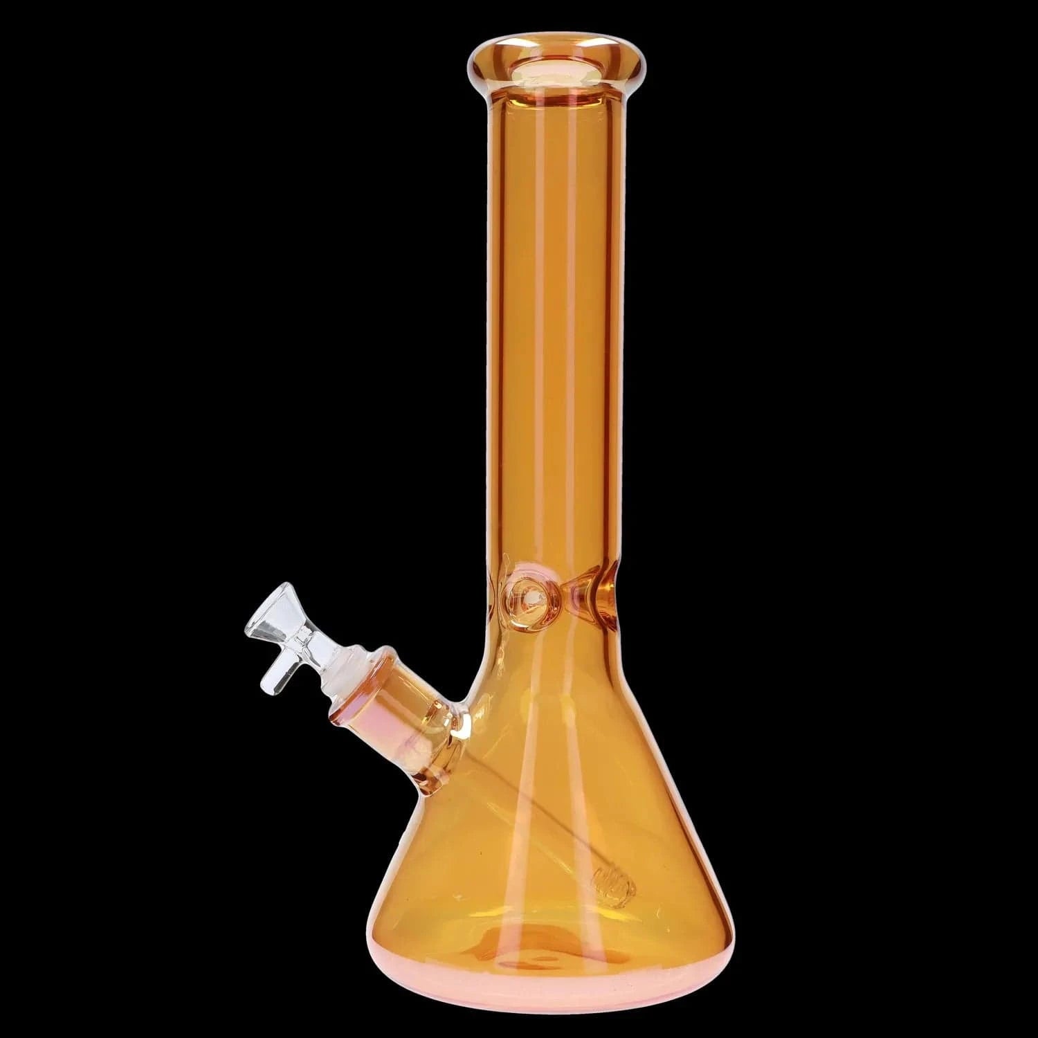 Angled close-up of an amber glass DHC Electroplated Beaker Bong - 16 in. against a black background showing the straight neck, joint, and beaker base.