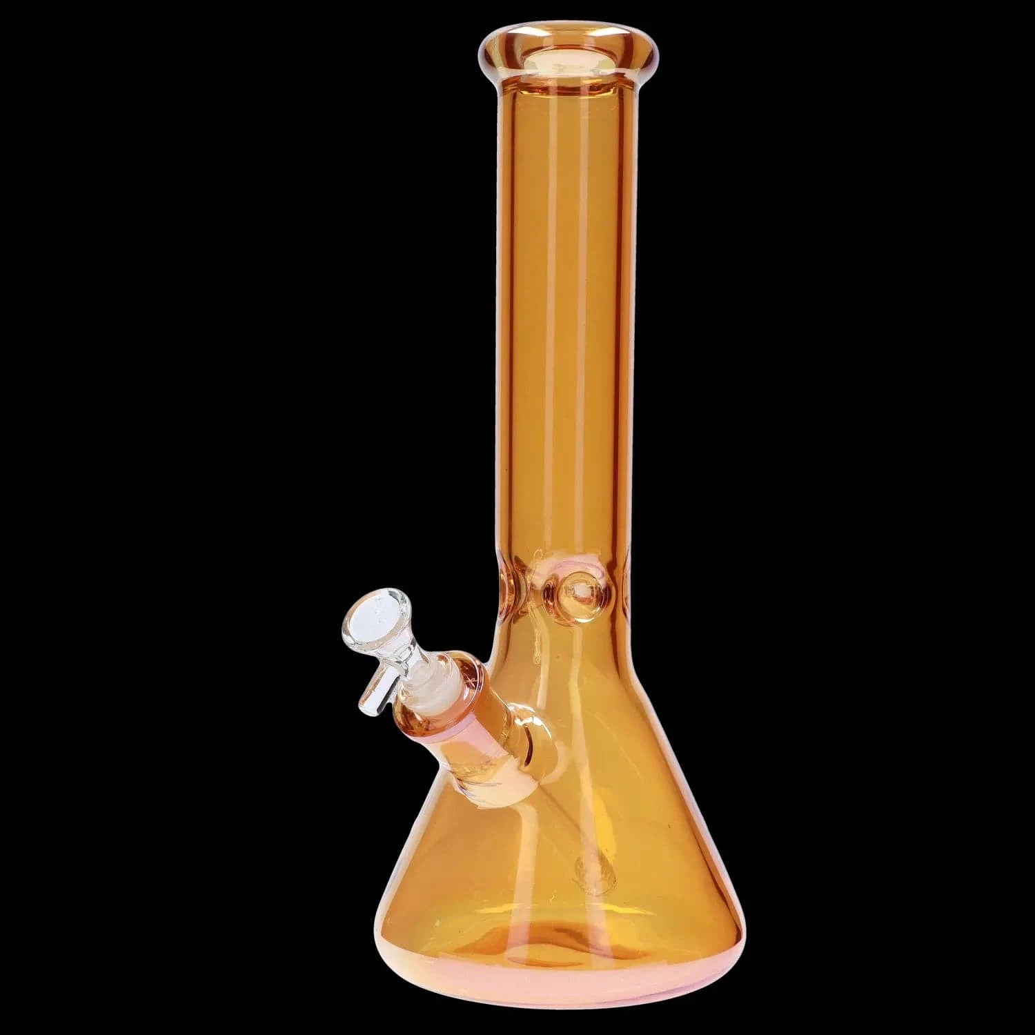 Angled close-up of the amber DHC Electroplated Beaker Bong - 16 in. showing its straight neck, beaker base, and clear downstem against a black background