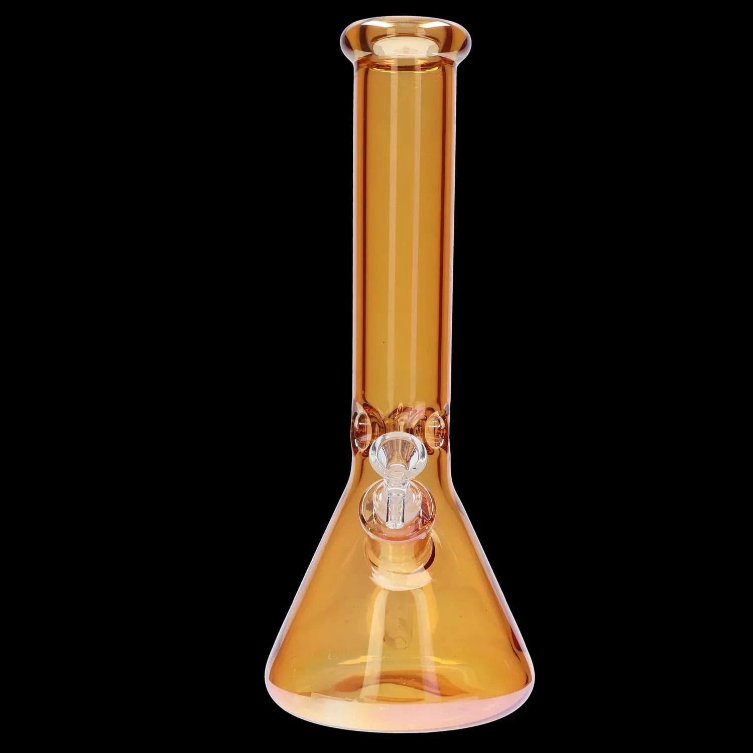 Centered front view of the amber DHC Electroplated Beaker Bong - 16 in. showing its straight neck, flared mouthpiece, and clear bowl against a black background.