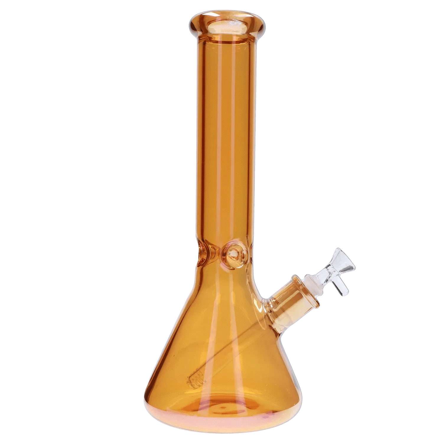 Front view of the amber glass DHC Electroplated Beaker Bong - 16 in., centered on a transparent background showing its straight neck, beaker base, and side bowl joint.
