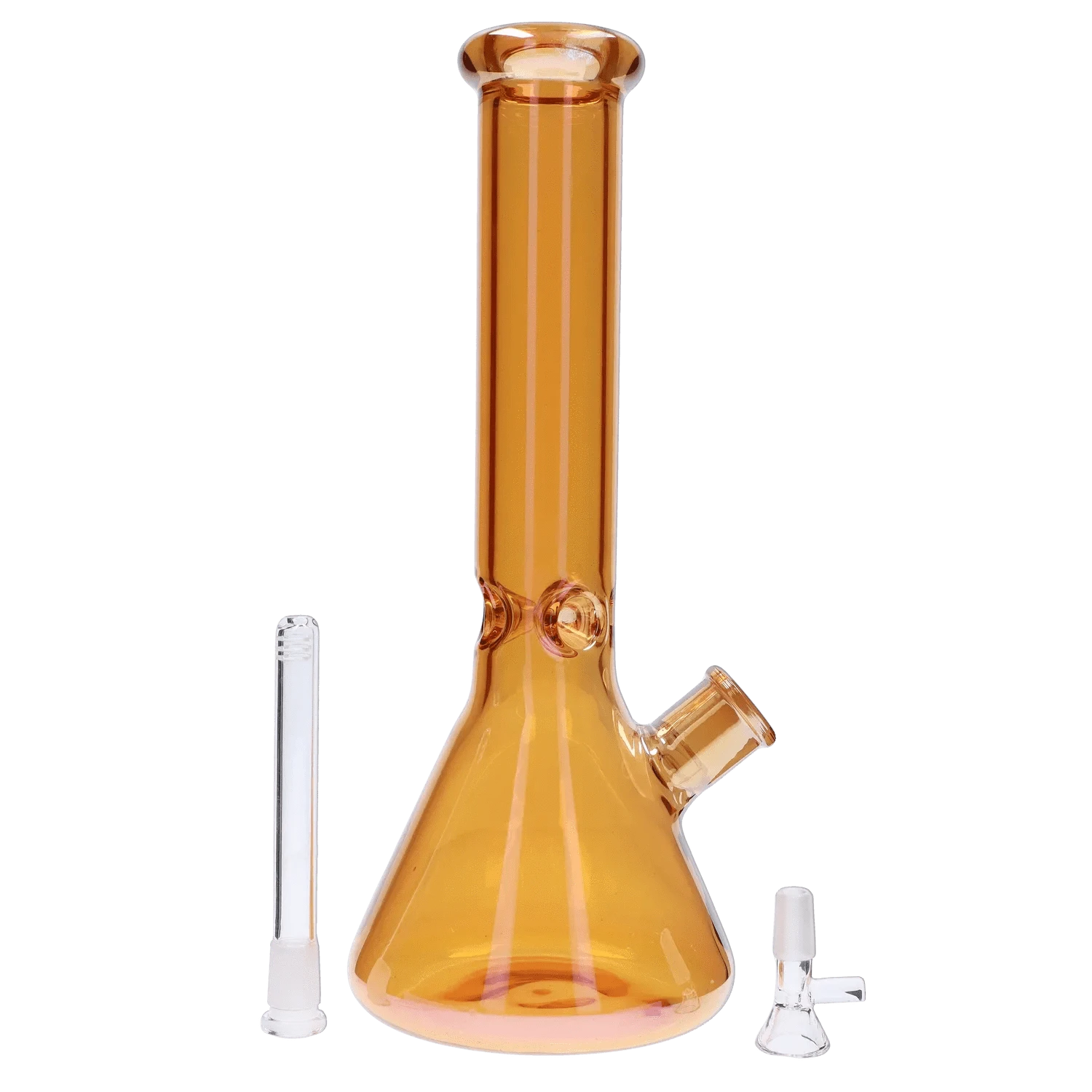 Centered front view of the amber DHC Electroplated Beaker Bong - 16 in. showing its straight neck, flared mouthpiece, angled joint, and two clear glass accessories.