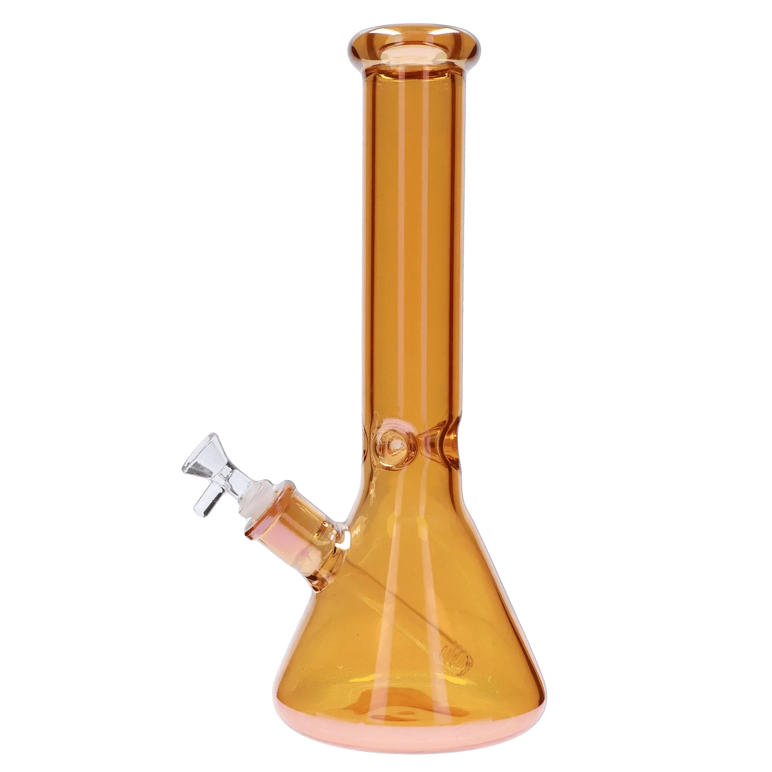 Angled front view of the amber glass DHC Electroplated Beaker Bong - 16 in., showing its straight neck, flared mouthpiece, and angled downstem against a plain background