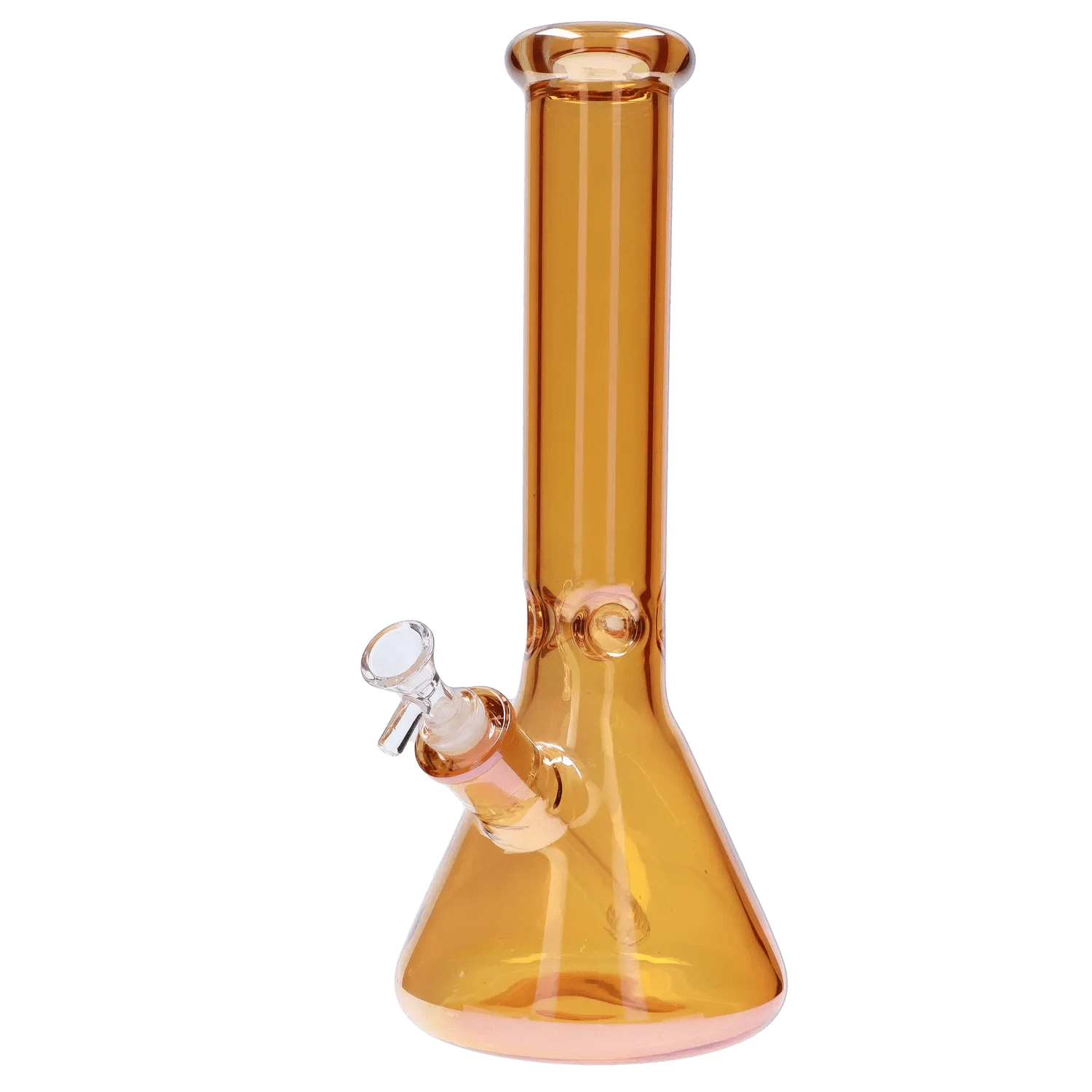 Studio-style front view of the amber glass DHC Electroplated Beaker Bong - 16 in., showing its straight neck, beaker base, and clear bowl.