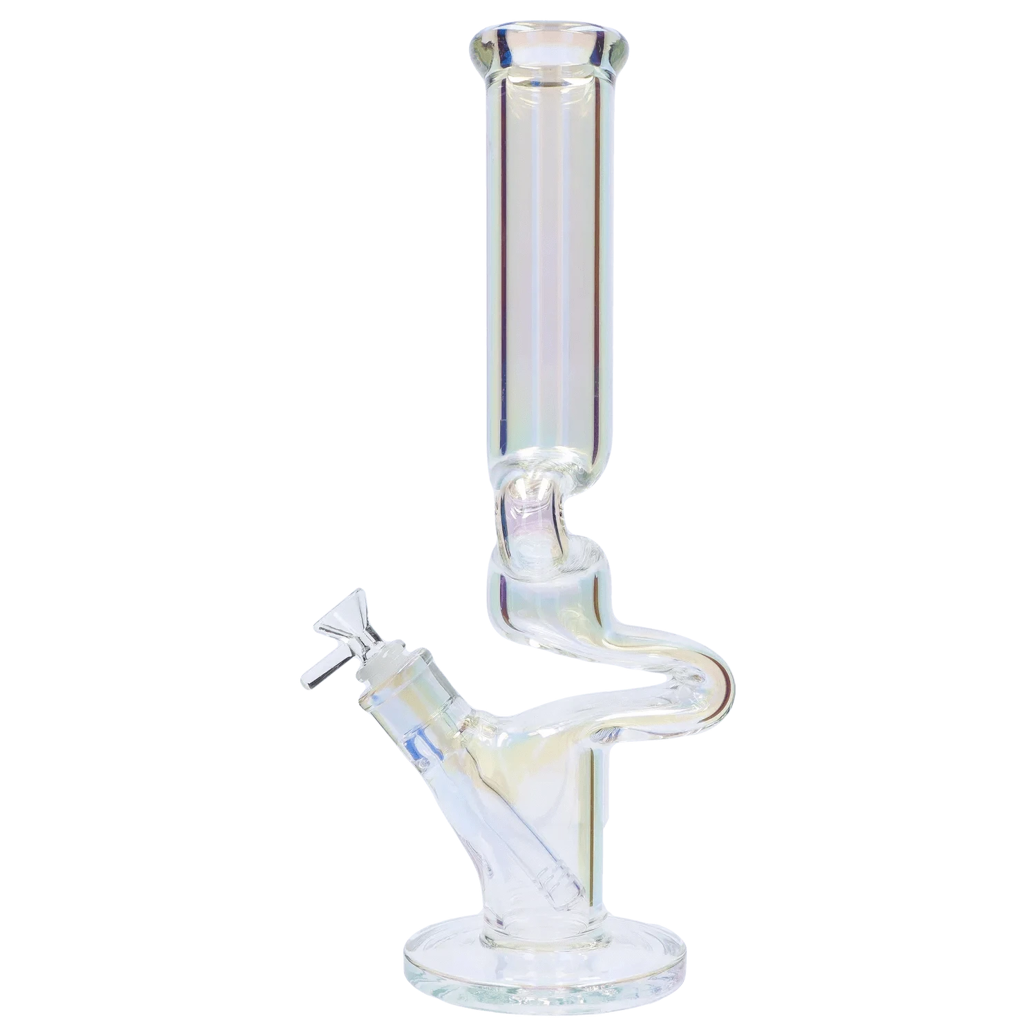 Front view of the iridescent DHC Fumed Zong Bong - 15 in. showing its tall straight tube, S-shaped neck and angled bowl against a plain background