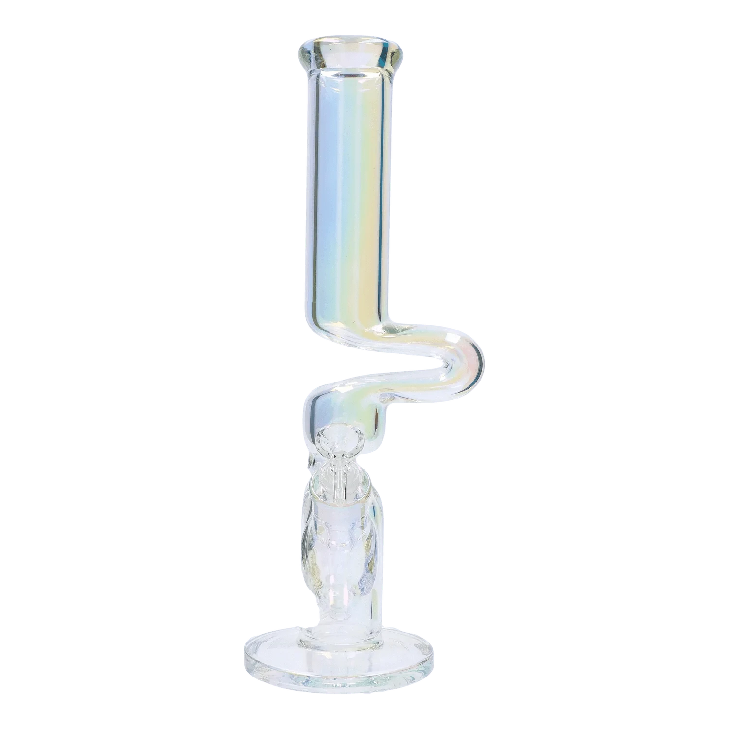 Vertical studio shot of the DHC Fumed Zong Bong - 15 in. showing its clear glass zigzag neck and round flared mouth against a plain background