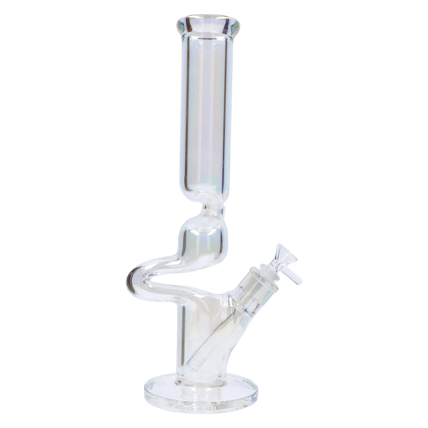 Angled full-height view of the clear DHC Fumed Zong Bong - 15 in. showing its S-shaped neck, straight upper chamber, and flared mouthpiece.