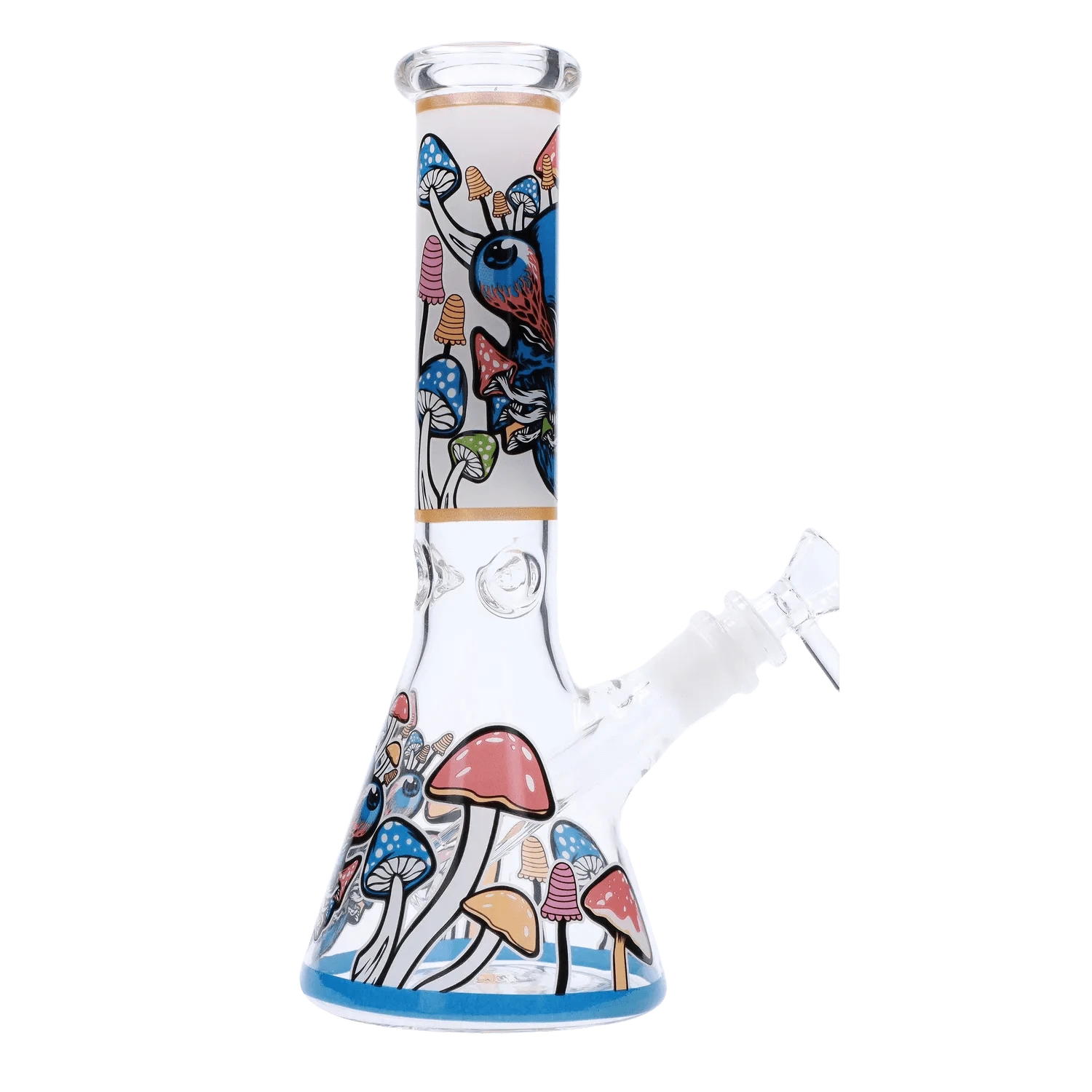Front view of the Mushroom Design Bong - 10 in. showing colorful mushroom illustrations on the beaker base and neck against a white background.