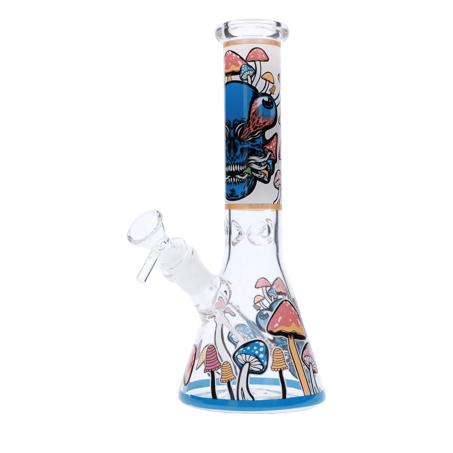 Three-quarter view of the Mushroom Design Bong - 10 in. showing colorful mushroom illustrations and a blue-accented base on clear glass.