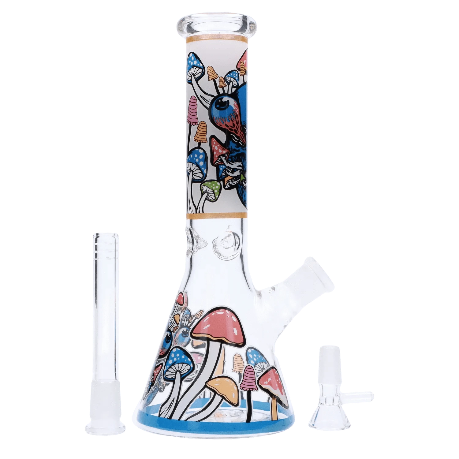 Front view of the Mushroom Design Bong - 10 in. showing its decorated neck and beaker base with colorful mushroom illustrations.