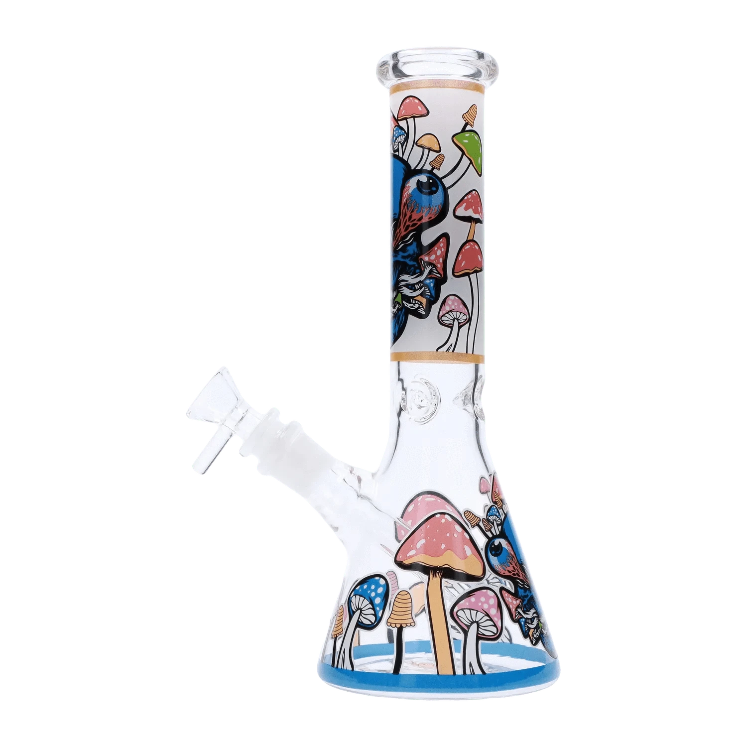 Straight-on view of the Mushroom Design Bong - 10 in. showing colorful mushroom and eyeball artwork on the clear glass beaker.