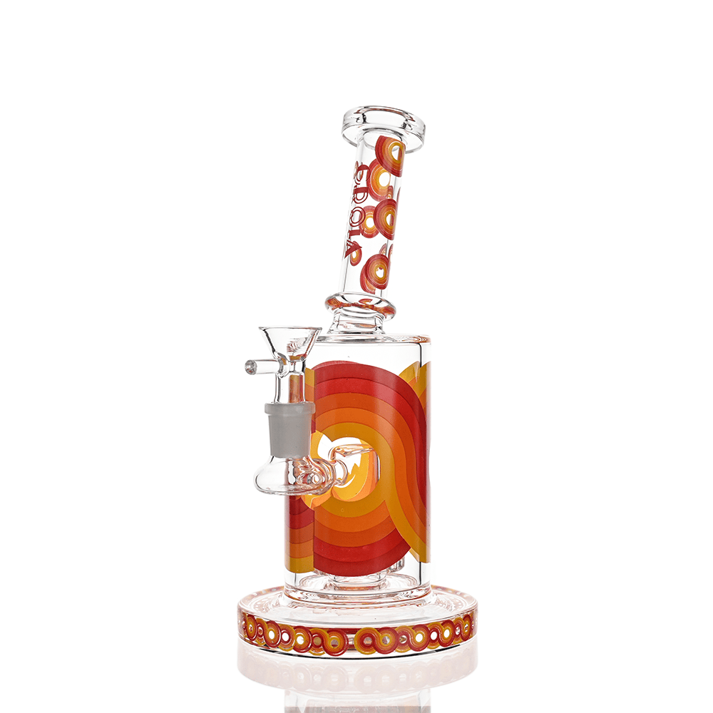 Center-front view of the Croia Glass Retro Scientific Bong with Matrix Perc | Croia Glass, showing its cylindrical chamber with red and orange concentric rings and a tilted neck.