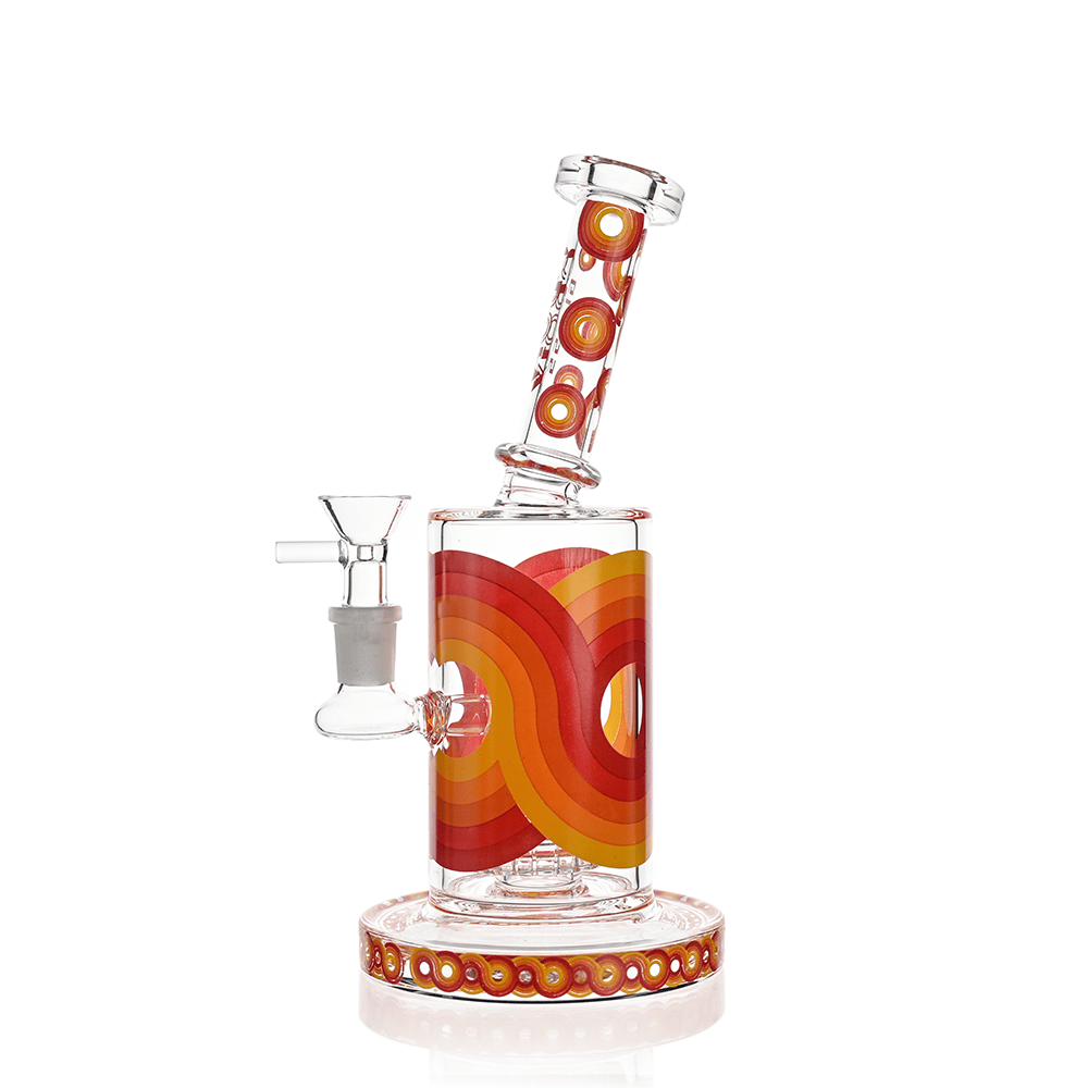 Three-quarter view of the Croia Glass Retro Scientific Bong with Matrix Perc | Croia Glass showing its angled mouthpiece, clear body, and concentric red-orange matrix patterns on a white background.