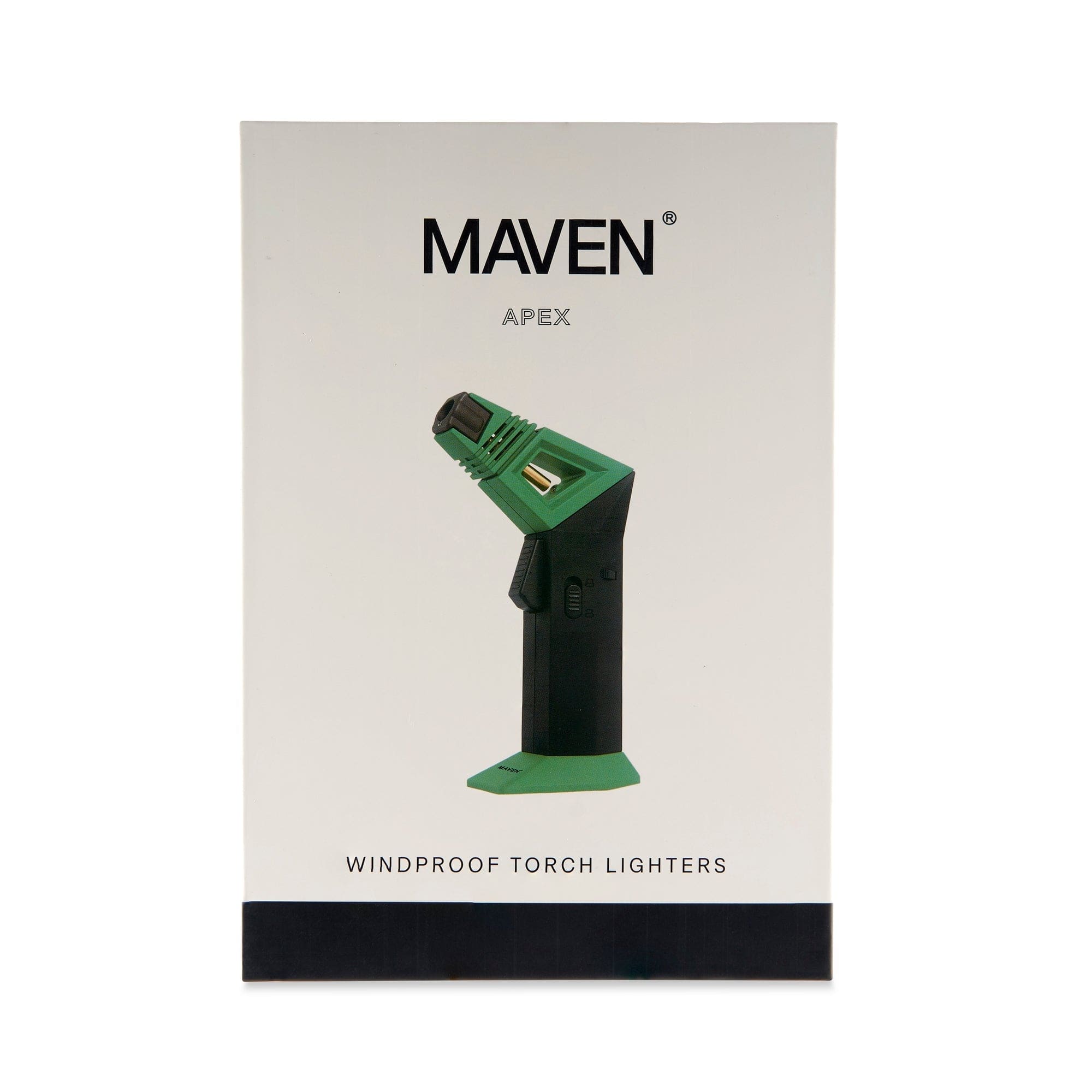 Green Maven Apex windproof torch lighter against a pale yellow background.