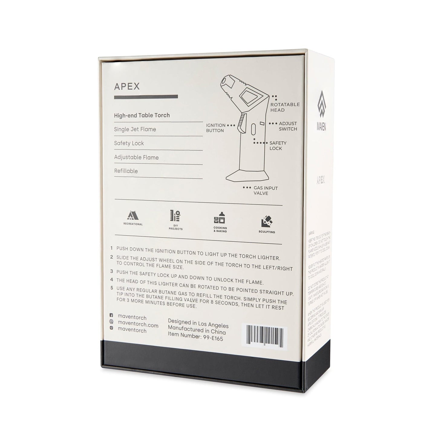 Product packaging for a Mavent Apex butane torch, highlighting features like adjustable flame, safety lock, and refillability, with icons indicating uses for recreational, DIY projects, dabbing, and sculpting.