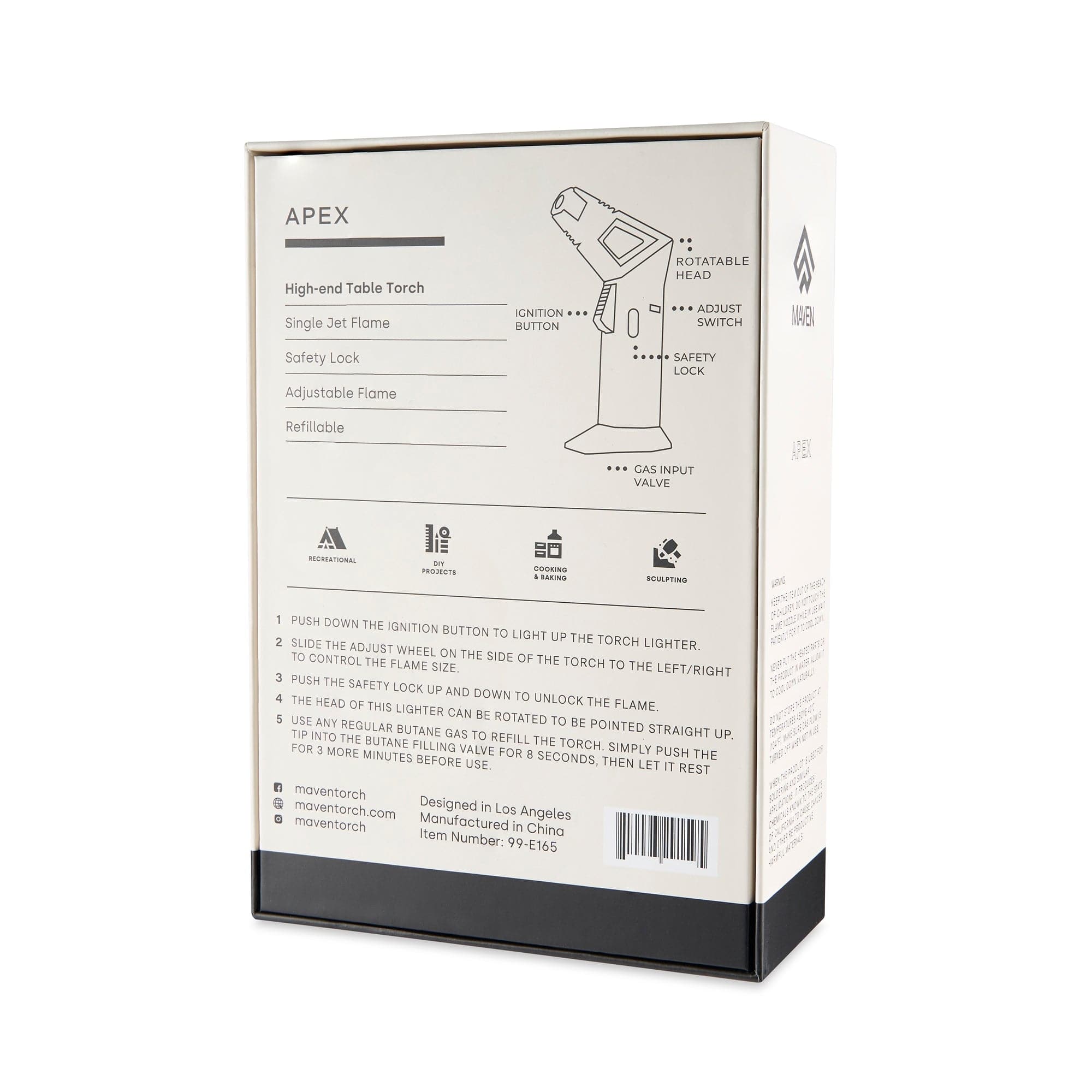 Product packaging for a Mavent Apex butane torch, highlighting features like adjustable flame, safety lock, and refillability, with icons indicating uses for recreational, DIY projects, dabbing, and sculpting.