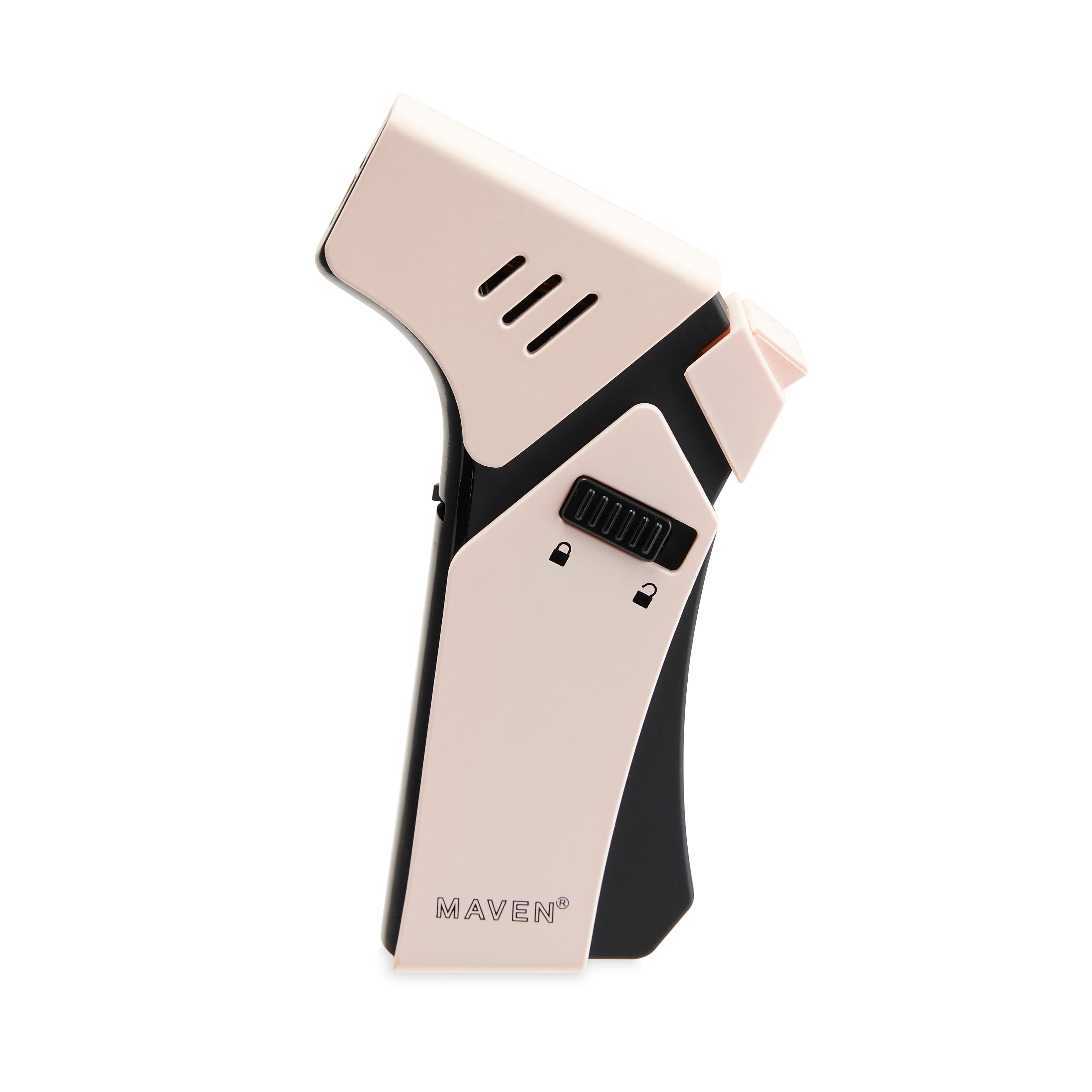 A close-up, angled view of the Pro Butane Torch Lighter, showcasing its silver and black design.