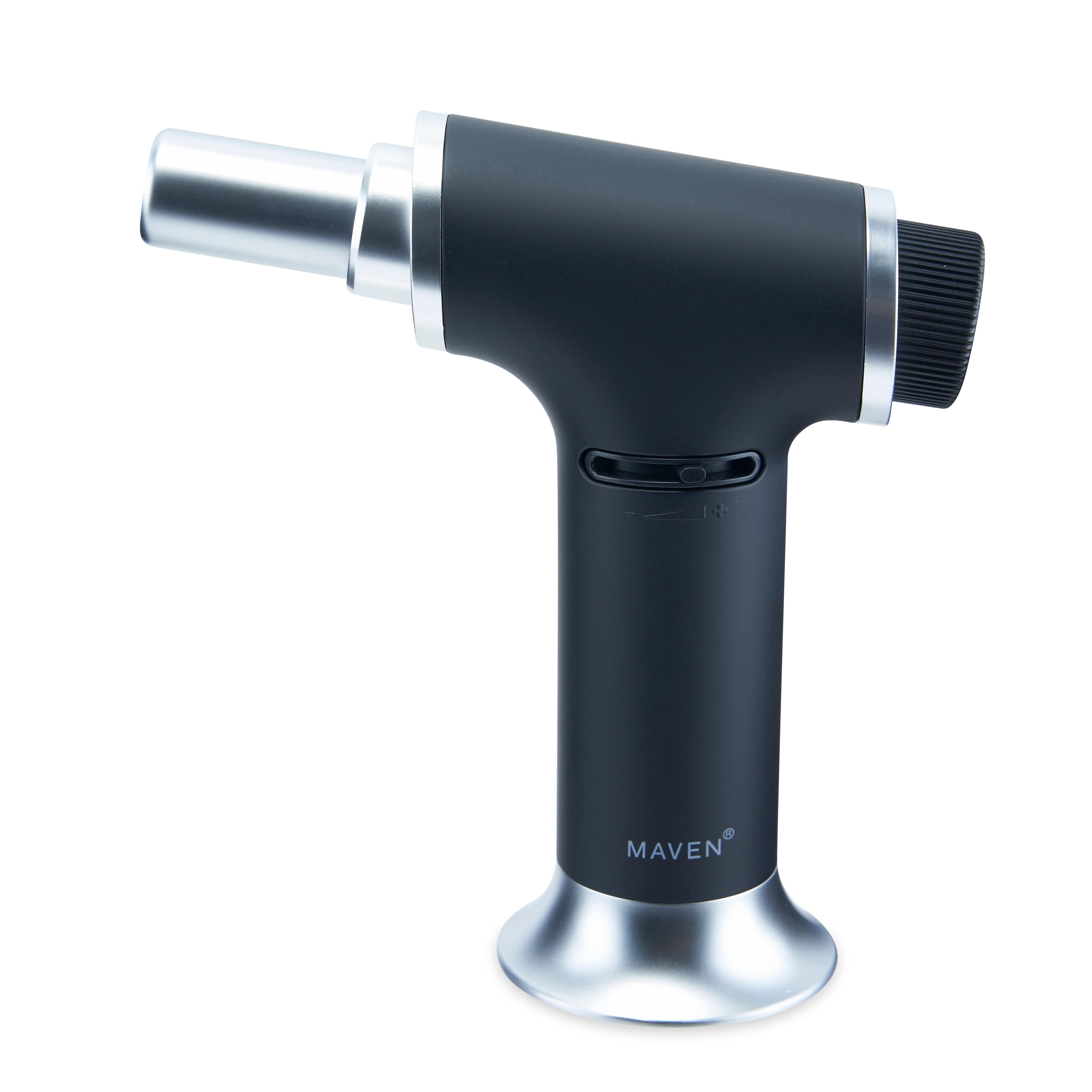 A close-up, angled view of the Turbo Butane Torch Lighter with a silver base and black body.