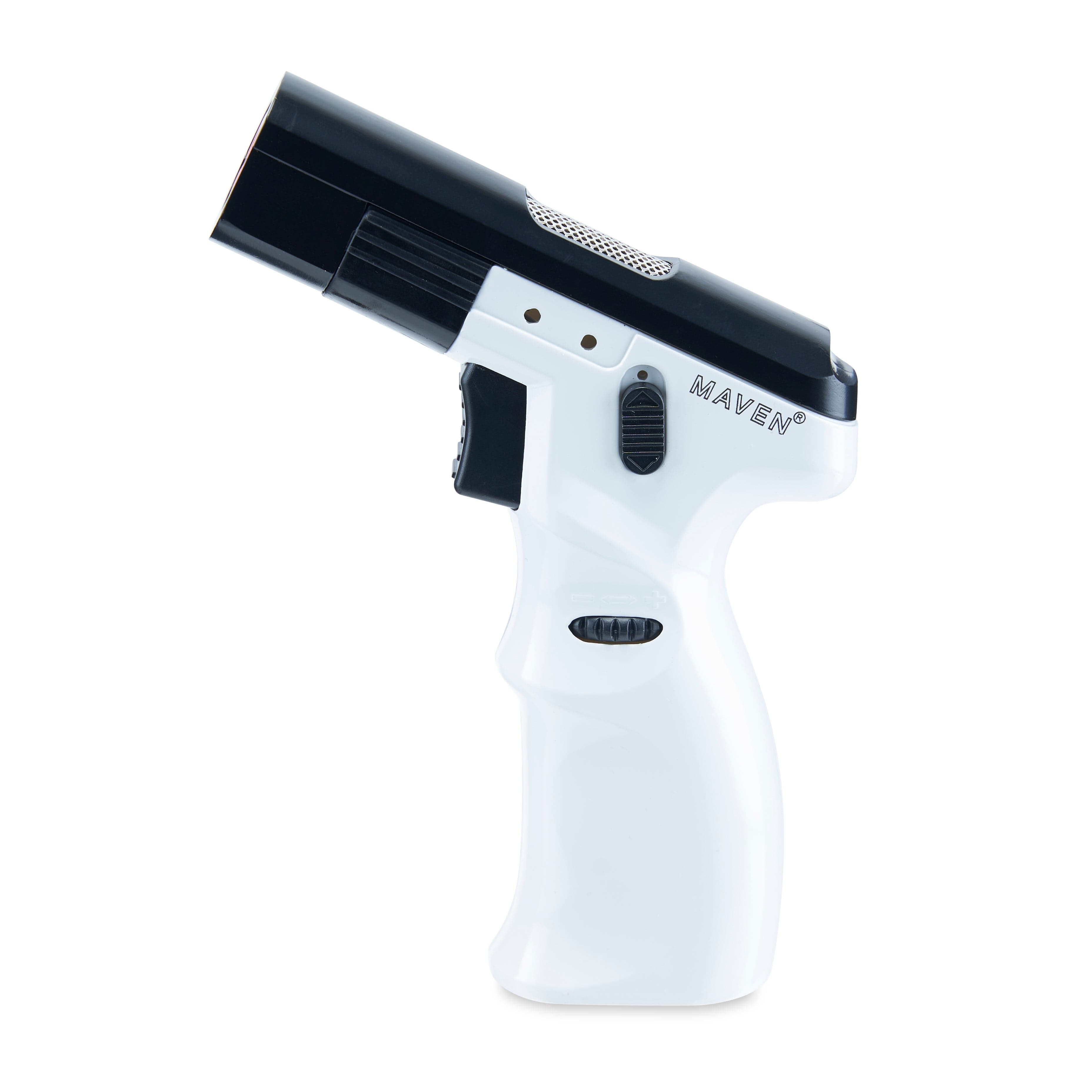 A close-up of the Model K Butane Torch Lighter with a silver finish, angled against a dark gray background.