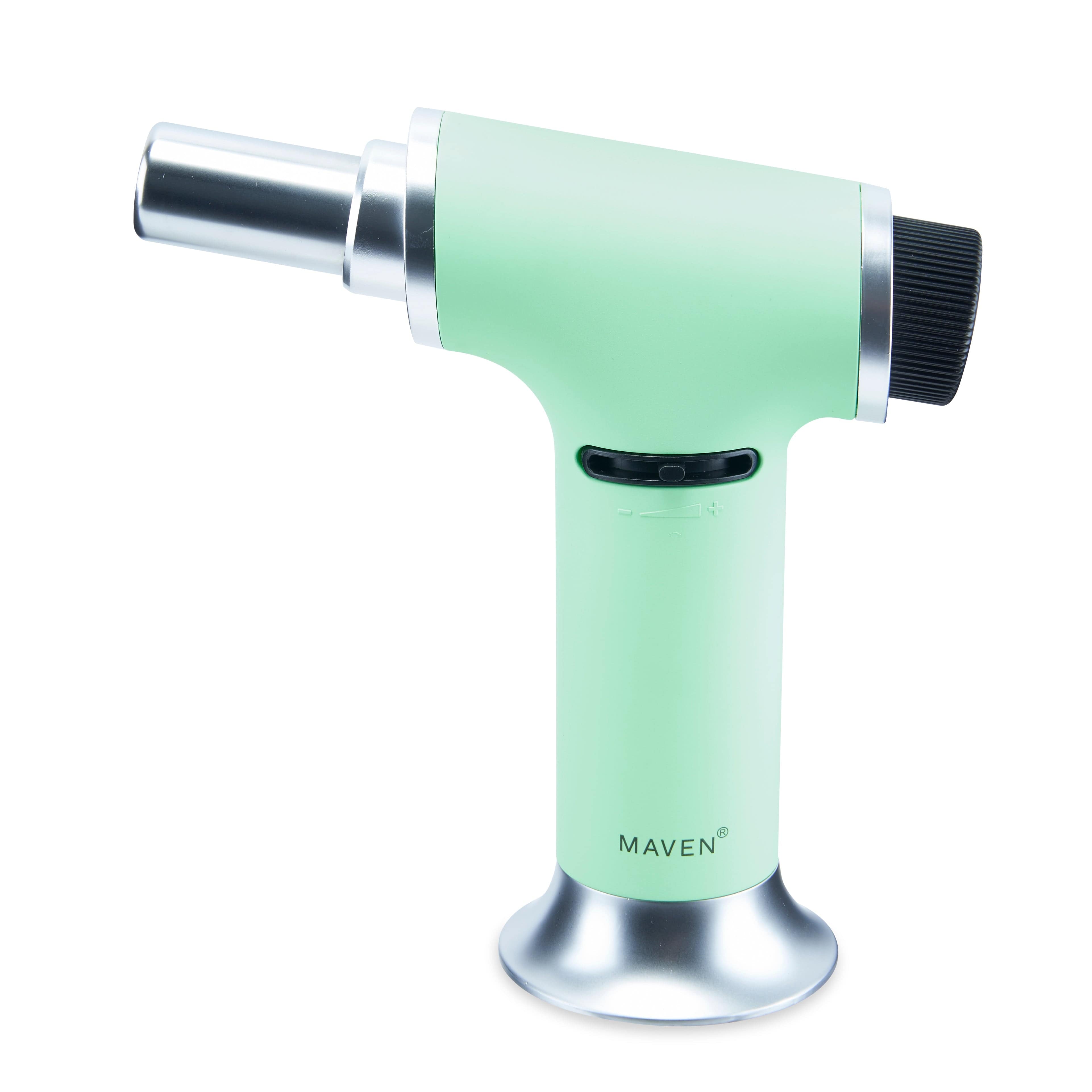 A close-up shows the Turbo Butane Torch Lighter with a silver base and black handle, angled slightly upwards against a plain white background.