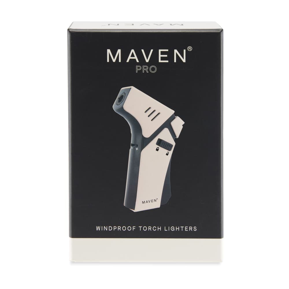A close-up of the Maven Pro Butane Torch Lighter, angled to showcase its sleek black design and metallic accent.
