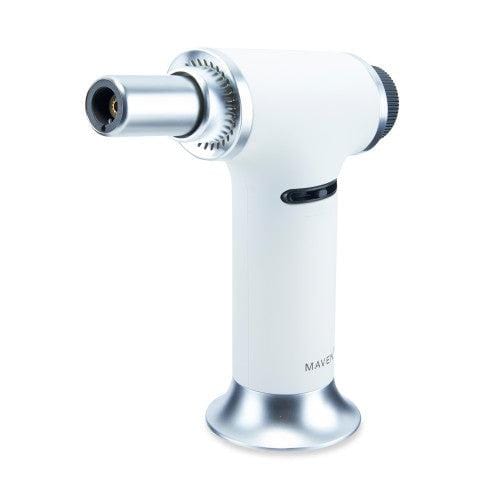 A close-up, angled view of the Turbo Butane Torch Lighter, featuring a silver metallic finish and simple cylindrical design.