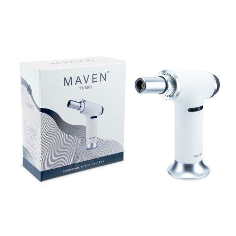 A side view of the Maven Turbo Butane Torch Lighter against a textured blue background, showing its silver metallic finish.