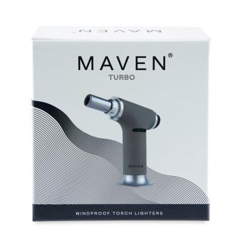 A close-up, angled view of the Maven Turbo Butane Torch Lighter against a dark, textured background.