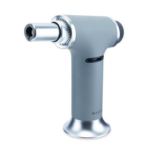 A close-up, angled view of the Turbo Butane Torch Lighter with a silver metallic finish and black grip.