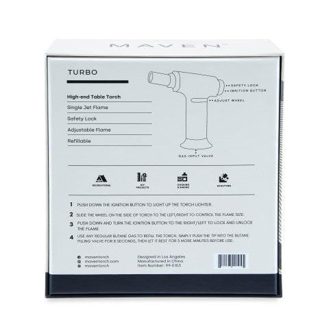 A close-up of the Turbo Butane Torch Lighter packaging with text listing features like “safety lock” and “adjustable flame.”