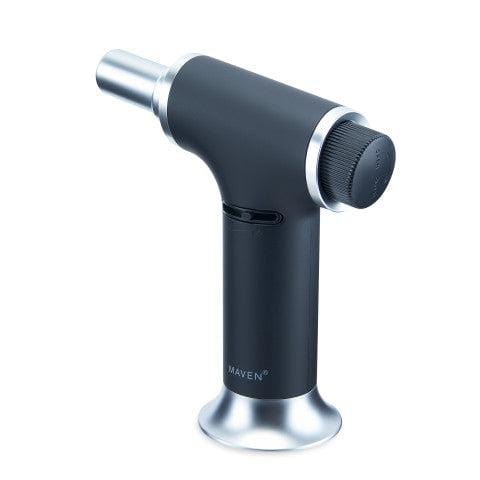 A close-up, angled view of the Turbo Butane Torch Lighter with a silver base and black body.