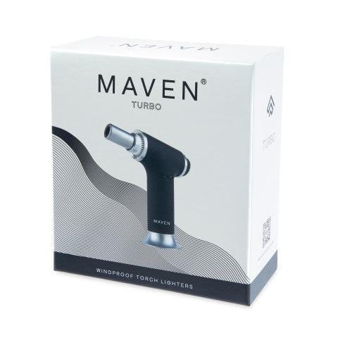 Front view of the Maven Turbo Butane Torch Lighter, showcasing its sleek, silver design against a neutral background.