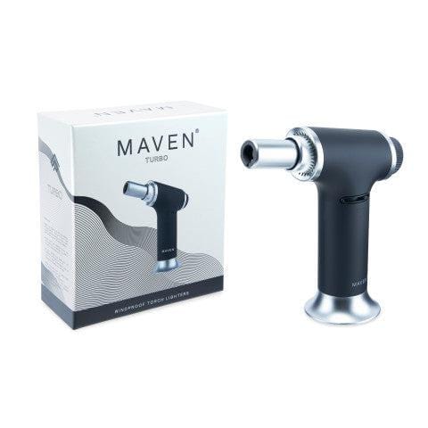 Front view of the Maven Turbo Butane Torch Lighter with a black body and metallic accents against a white backdrop.