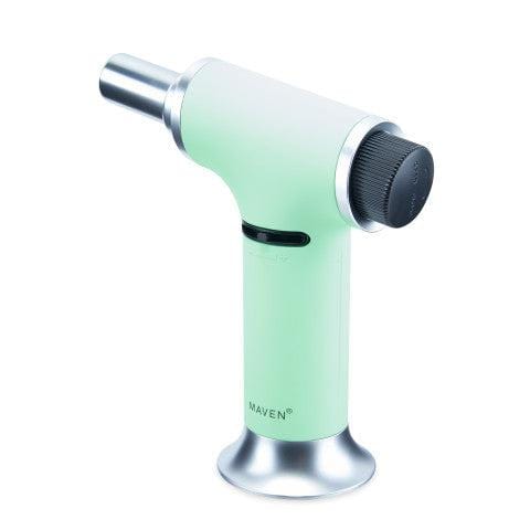 A close-up, angled view of the Turbo Butane Torch Lighter with a silver metallic body and black grip.