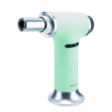 A close-up, angled view of the Turbo Butane Torch Lighter with a silver metallic body and black accents.