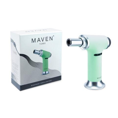 Front view of the Maven Turbo Butane Torch Lighter, with a silver base and green handle against a white backdrop.