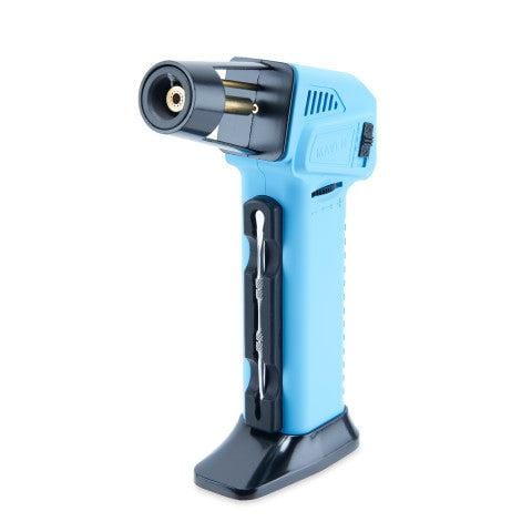 A close-up, angled view of the Volt Butane Torch Lighter with Dab Tool, featuring a black handle and silver metallic nozzle.