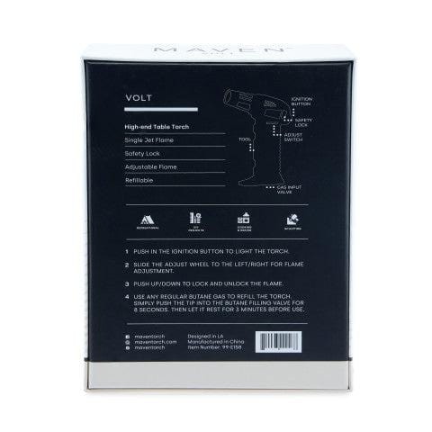 Close-up view of the Volt Butane Torch Lighter with Dab Tool’s control panel, featuring labeled safety and adjustment settings on a black background.