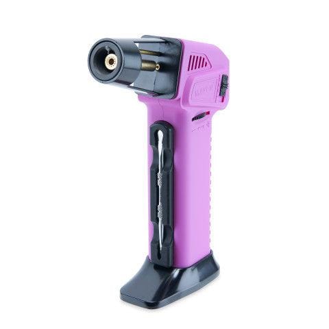 A close-up, angled view of the Volt Butane Torch Lighter with Dab Tool, showing its black casing and metallic accents.