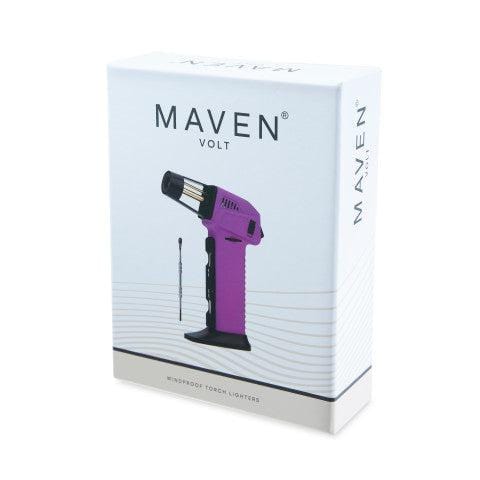 A close-up, angled view of the Maven Volt Butane Torch Lighter with Dab Tool, featuring a purple handle and metallic nozzle.