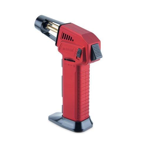 A close-up, angled view of the red Volt Butane Torch Lighter with Dab Tool, showing its textured grip and metallic nozzle.