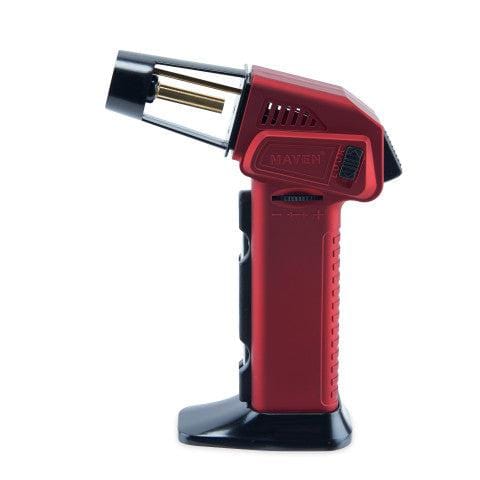 A close-up, angled view of the Volt Butane Torch Lighter with Dab Tool, showcasing its red casing and metallic tip.