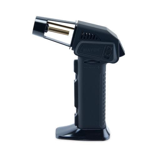 A close-up, angled view of the black Volt Butane Torch Lighter with Dab Tool, showing its sleek design and metallic tip.